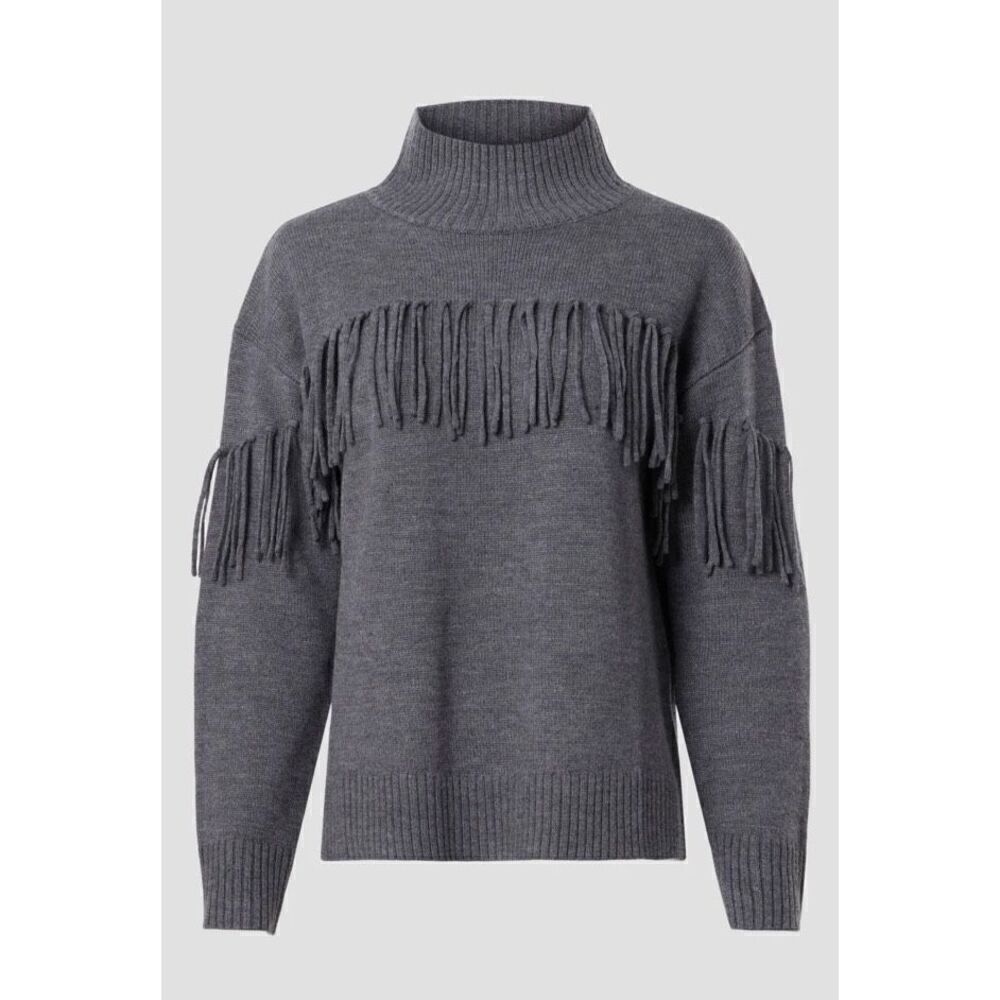JASON WU Fringe Wool Turtleneck Sweater in Grey NWT Size Large